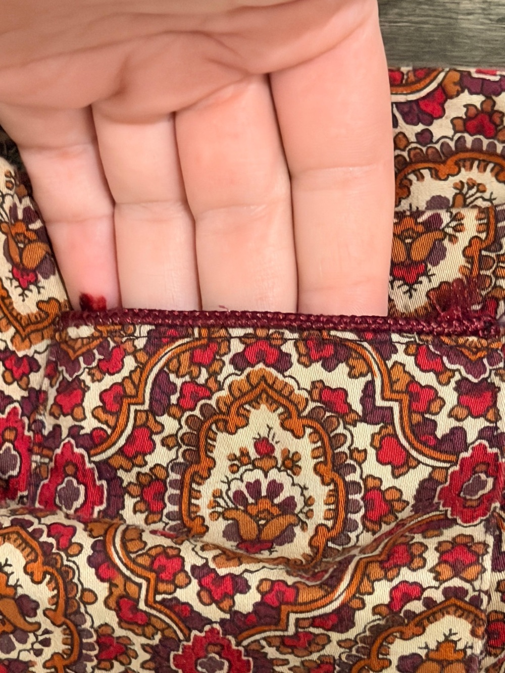 Vintage Red Patterned Mini Skirt with Red and Cream Accents - Picture 3 of 7
